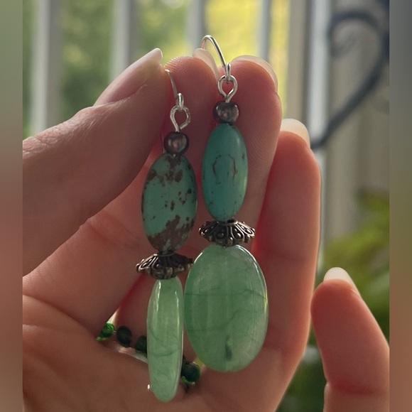 Hand-Crafted Light Green Stone Turquoise Stone Earrings with Brown Accent Beads - Picture 2 of 4